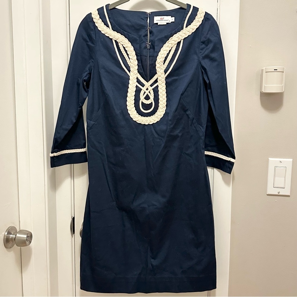 Vineyard Vines Nautical Rope Appliqué Fitted Tunic Dress 0 Navy Blue 3/4 slv